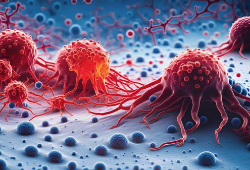 Gambar sel kanker berwarna merah dengan tonjolan menyerupai tentakel yang tampak menyerang jaringan di sekitarnya; latar belakang menunjukkan struktur bulat berwarna biru yang menyerupai sel sehat atau komponen ekstraseluler.